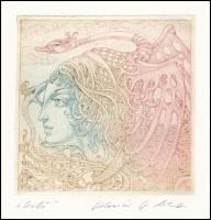 Kolozsvári Grandpierre Miklós (1950-): Szellő. Színes rézkarc, papír, jelzett, 10×10 cm