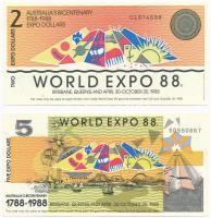 Ausztrália 1988. 2 Expo Dollár + 5 Expo Dollár "Világkiállíás 1988" T:I Australia 1988. 2 Expo Dollars + 5 Expo Dollars "World Expo 88" C:UNC