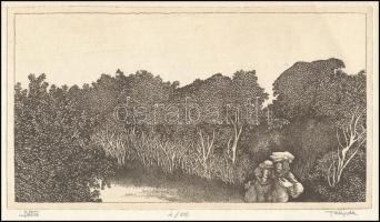 Tulipán László (1943-2007): Séta. Rézkarc, papír, jelzett, számozott: 2/100, 10×18 cm