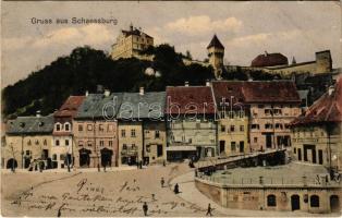 1909 Segesvár, Schässburg, Sighisoara; Fő tér, E. Gutt, F. Lingner, Steinbrucher Bier Quelle sörcsarnok, H. Gross üzlete, biztosító pénztár / main square, beer hall, shops, insurance bank