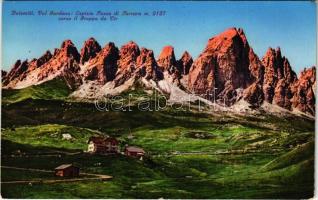 Dolomiti, Dolomites; Val Gardena, Ospizio Passo di Ferrara, verso il Gruppo da Cir / valley, mountains. Ed. stab. fot. Lor. Fränzl, Bolzano 525-27.