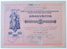 Eger 1917. Első Magyar Lakatos és Lemezárugyár Részvénytársaság, Eger részvénye 100K-ról bélyegzésekkel, szelvényekkel (szelvények egy része kivágva) T:II