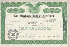 Amerikai Egyesült Államok / New York 1976. The Merchants Bank of New York részvénye 3,125$-ról, lyukasztva, perforált T:III USA / New York 1973. The Merchants Bank of New York share about 3,125 Dollars, with holes, perforated C:F