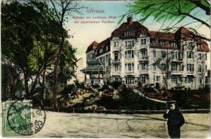 1908 Cottbus, Anlagen am Luckauer Wall mit Japanischem Pavillon / street view, Japanese pavilion and garden. TCV card (EK)