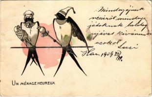 1909 Un ménage heureux / A happy household, birds. litho (EK)