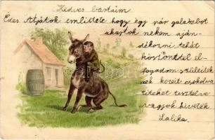 1900 Monkey with donkey, litho (EK)