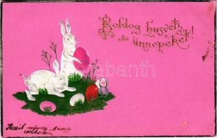 1902 Boldog Húsvéti Ünnepeket! / Easter greeting card, rabbits with eggs. Emb. litho (EK)
