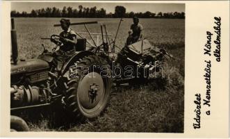 Üdvözlet a Nemzetközi Nőnap alkalmából! A mezőgazdaság fokozott gépesítésével a falun is megváltozott a nők munkájának jellege. Nők traktorral. Képzőművészeti Alap Kiadóvállalat / International Womens Day, Hungarian socialist propaganda, women with tractors