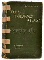 1902 Kogutowicz Manó: Teljes földrajzi és történelmi atlasz. 68/ fő és számos melléktérkép. Bp., 1902., Magyar Földrajzi Intézet,6 p.+68 t. Egészvászon-kötés, kopott borítóval, amatőr módon javított gerinccel, egy térkép hiánnyal (60), egy térkép kijár és szakadt (61.), néhány lapon szakadásokkal, és néhány kissé foltos lapokkal.