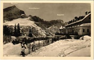 Garmisch-Partenkirchen, Kreuzeckhaus, Alpspitze, Höllentalpsitzen, Zugspitze / tourist hotel in the Alps, winter sport, ski. Aufnahme u. Verlag von B. Johannes (Beckert)