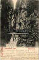 1903 Mittenwald, Leutaschklamm, Mite / wooden bridge, waterfall