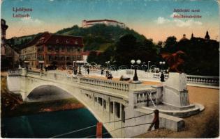 1916 Ljubljana, Laibach; Jubilejski most / Jubiläumsbrücke / bridge, castle + K.u.K. Militärzensur Sesana (fl)