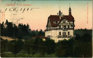 1905 Karlovy Vary, Karlsbad; Café Jägerhaus / café. Brück & Sohn. Handkolorirte Künstlerkarte
