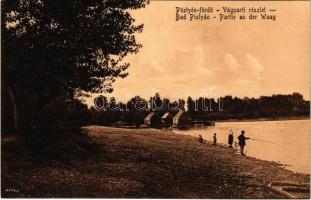 Pöstyén, Piestany; Vág-parti részlet, úszó vízi hajómalom (vízimalom) / Partie an der Waag / Váh riverside, floating watermill (boat mill)