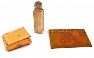 Kis bolha tétel: intarziás fa dohánytartó doboz, sérült, 18×14 cm + fa oszlopbáb, szúette lyukakkal, m: 26 cm + tacskós kép, töredezett lakkbevonattal, 20×30 cm