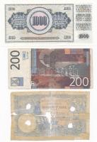 Szerbia 1893. 10D érvénytelenítő lyukasztások + 2001. 200D + Jugoszlávia 1978. 1000D T:I,III,IV raga...