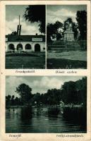 1936 Dömsöd, Országzászló, Hősök szobra, emlékmű, Petőfi strandfürdő, fürdőzők (EK)