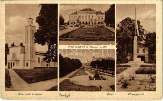 1948 Csurgó, Római katolikus templom, Hősi emlékmű, Korona szálloda, Fő tér, Országzászló (kopott sarkak / worn corners)