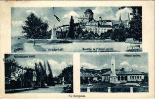 1938 Esztergom, Országzászló, Bazilika és Prímási palota, Honvédtiszti üdülő, Hősök szobra, emlékmű (EK)