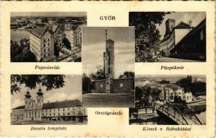 1936 Győr, Papnövelde, Püspökvár, Országzászló, Bencés templom, üzletek, Kioszk, Rába híd (fl)