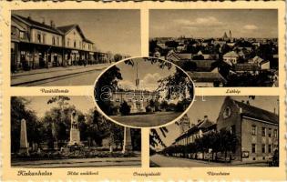 1940 Kiskunhalas, Vasútállomás, látkép, Városháza, Hősi emlékmű, Országzászló