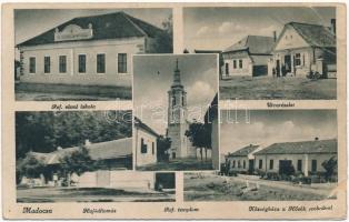 1943 Madocsa, Református elemi iskola, Református templom, utca, üzlet, Községháza, Hősök szobra, emlékmű, Hajóállomás (r)