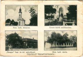 1929 Tiszapüspöki, Római katolikus templom és iskola, Elesett hősök emlékszobra, emlékmű, Hangya Szövetkezet üzlete. Szilágyi Arthur műterméből (EB)