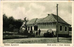 1929 Agostyán (Tata), Hősök szobra, emlékmű, Elemi népiskola. Martin József vendéglős kiadása (gyűrődés / crease)