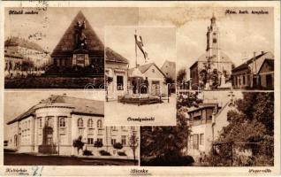 1937 Bicske, Hősök szobra, emlékmű, Római katolikus templom, kultúrház, Peyer villa, Országzászló, katonák (r)