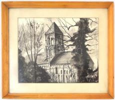 Olvashatatlan (L 74?) jelzéssel: Templom. Tus, papír, üvegezett fa keretben, 18,5x23 cm