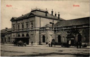 Győr, vasútállomás, üzlet, Kalodont fogkrém reklámplakátja, lovaskocsi. Hermann Izidor kiadása 579.