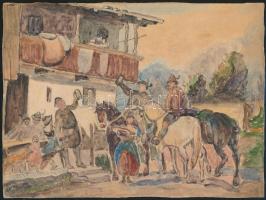 Jelzés nélkül: Ünneplő lovasok. Akvarell, papír, 18×23,5 cm