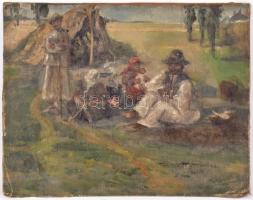 Aczél Henrik Emilnek (1876-1946) tulajdonítva: Táborozó cigányok. Olaj, vászon, kartonra kasírozva, ...