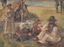 Aczél Henrik Emilnek (1876-1946) tulajdonítva: Táborozó cigányok. Olaj, vászon, kartonra kasírozva, ...