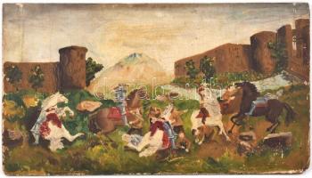 Jelzés nélkül: Csatajelenet. Olaj, fa, hátoldalán töredékes MNG bírálati címkével, sarkainál és jobb...