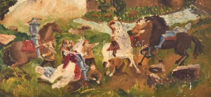 Jelzés nélkül: Csatajelenet. Olaj, fa, hátoldalán töredékes MNG bírálati címkével, sarkainál és jobb...