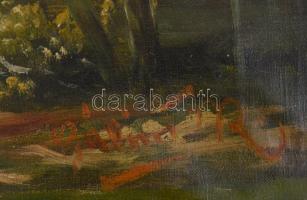 Bálint jelzéssel: Erdei naplemente. Olaj, vászon, restaurált, 32×63 cm