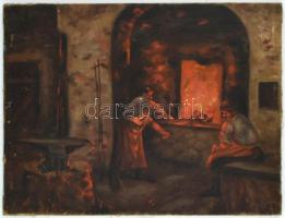 Jelzés nélkül: Fiúk a kohóban. Olaj, vászon, 40×50 cm