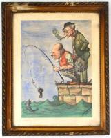 Smiánich (?) Alajos 1941. jan. 13. jelzéssel: Botra akadt cipő (Pecázók karikatúra). Akvarell, tus, ...