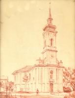 Bartus Ödön (1888-1950): Miskolc belvárosi evangélikus templom. Pasztell, papír. Jelzett. 31x23 cm Keret nélkül.