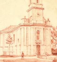 Bartus Ödön (1888-1950): Miskolc belvárosi evangélikus templom. Pasztell, papír. Jelzett. 31x23 cm K...