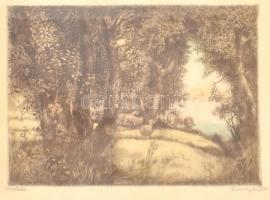 Remsey Jenő (1885-1980): Erdőszéle. Rézkarc, papír, jelzett, üvegezett fa keretben, 29,5x39 cm