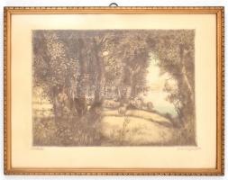 Remsey Jenő (1885-1980): Erdőszéle. Rézkarc, papír, jelzett, üvegezett fa keretben, 29,5x39 cm