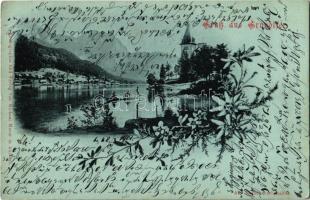 1901 Grundlsee, lake with rowing boat. Floral