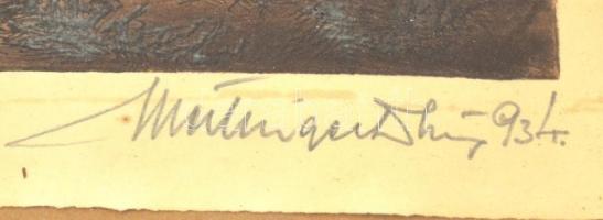 Mutzinger Dénes: Alföldi táj 1934 Rézkarc, papír. Jelzett, 16x25 cm Üvegezett keretben