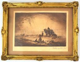 Mutzinger Dénes: Alföldi táj 1934 Rézkarc, papír. Jelzett, 16x25 cm Üvegezett keretben