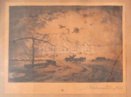 Mutzinger Dénes: Alföldi táj 1934 Rézkarc, papír. Jelzett, 16x25 cm Üvegezett keretben.