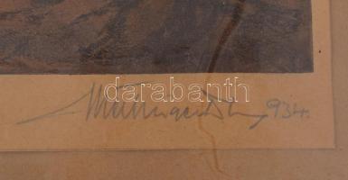 Mutzinger Dénes: Alföldi táj 1934 Rézkarc, papír. Jelzett, 16x25 cm Üvegezett keretben