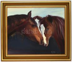 Való Ibolya (1958-): Lovak. Olaj, farost, jelzett, fa keretben, 39,5×48,5 cm