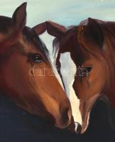 Való Ibolya (1958-): Lovak. Olaj, farost, jelzett, fa keretben, 39,5×48,5 cm
